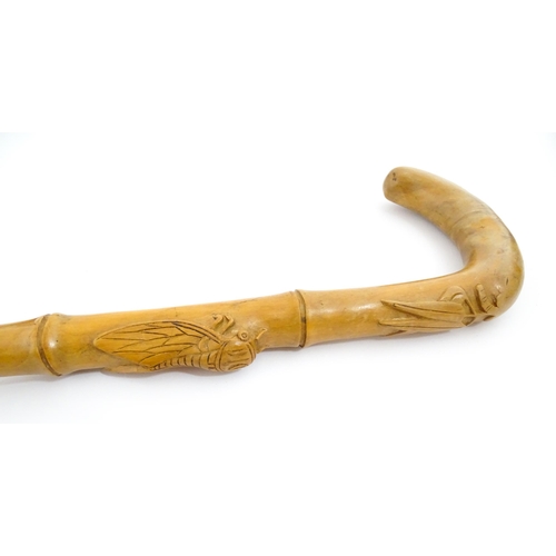 1251 - A 20thC walking stick / cane with carved cricket / cicada insect detail. Together with two antler ha... 