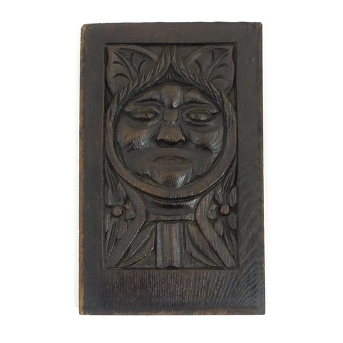 1269 - A late 19thC carved oak panel, with central mask motif with floral and foliate detail. Approx. 15 1/... 