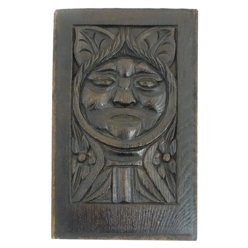 1269 - A late 19thC carved oak panel, with central mask motif with floral and foliate detail. Approx. 15 1/... 