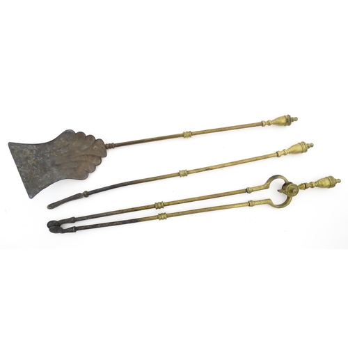 1277 - A late 19th / early 20thC brass fireside companion set, tools comprising shovel, tongs and poker. Ea... 