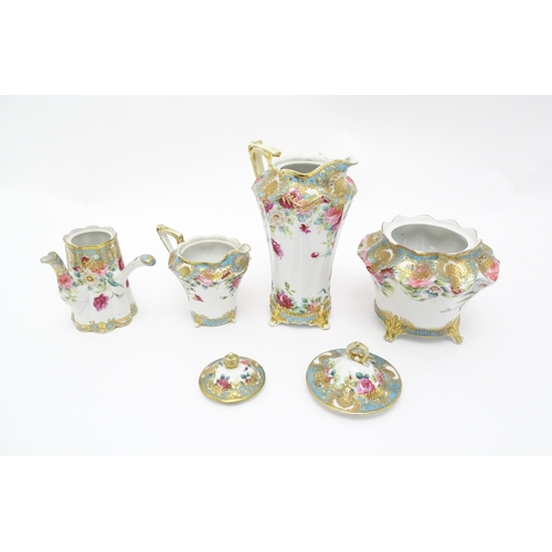 191 - Four Noritake wares decorated with flowers and foliage with gilt detail to include a chocolate pot, ... 