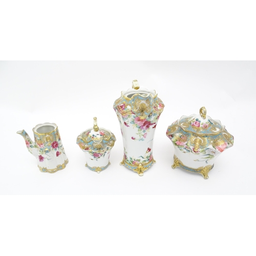 191 - Four Noritake wares decorated with flowers and foliage with gilt detail to include a chocolate pot, ... 