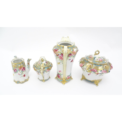 191 - Four Noritake wares decorated with flowers and foliage with gilt detail to include a chocolate pot, ... 