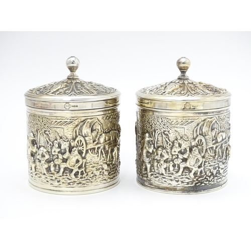 520 - A pair 20thC silver plate tea caddy / coffee box with Dutch style decoration, maker Herbert Hooijkaa... 