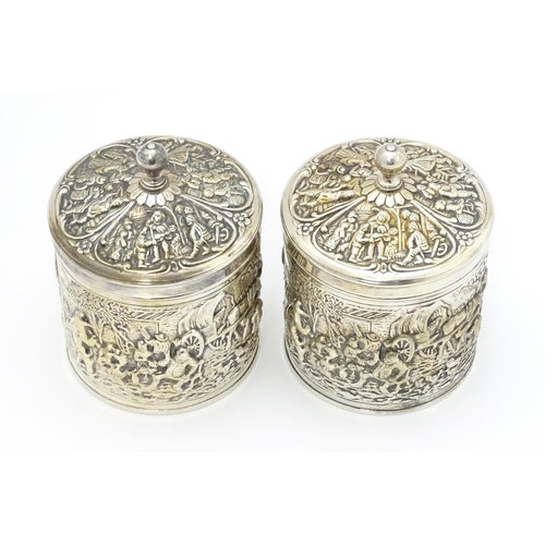 520 - A pair 20thC silver plate tea caddy / coffee box with Dutch style decoration, maker Herbert Hooijkaa... 