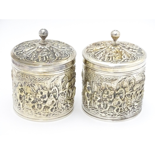 520 - A pair 20thC silver plate tea caddy / coffee box with Dutch style decoration, maker Herbert Hooijkaa... 