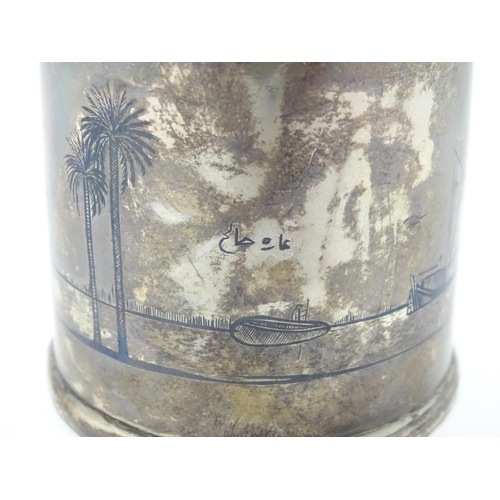 522 - An Egyptian white metal pot and cover modelled as a minaret dome with crescent moon finial, having n... 