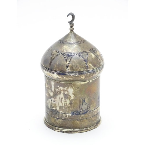 522 - An Egyptian white metal pot and cover modelled as a minaret dome with crescent moon finial, having n... 