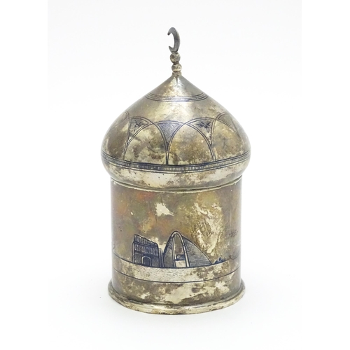 522 - An Egyptian white metal pot and cover modelled as a minaret dome with crescent moon finial, having n... 