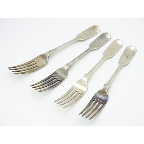 532 - A set of four Victorian silver Fiddle pattern dessert forks hallmarked London 1870, maker Henry Holl... 