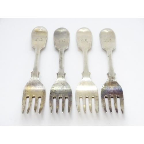 532 - A set of four Victorian silver Fiddle pattern dessert forks hallmarked London 1870, maker Henry Holl... 