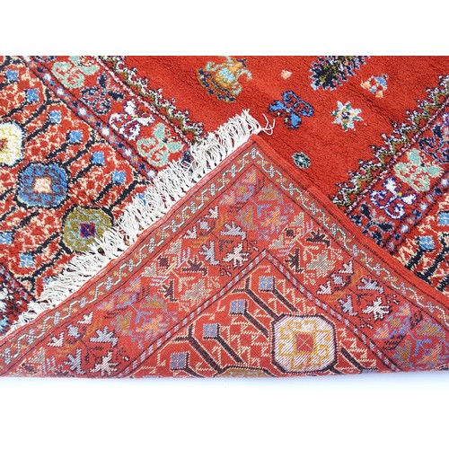 1504 - Carpet / Rug : A Moroccan red ground rug with central floral motif, decorated with birds and foliate... 