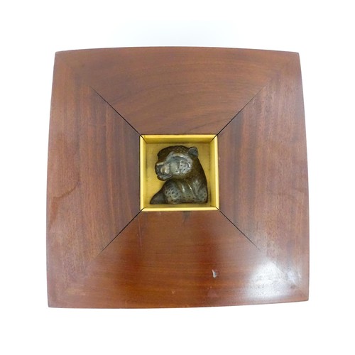 1287 - A 20thC mahogany box with inset limited edition bronze model of a leopard to top by South African sc... 