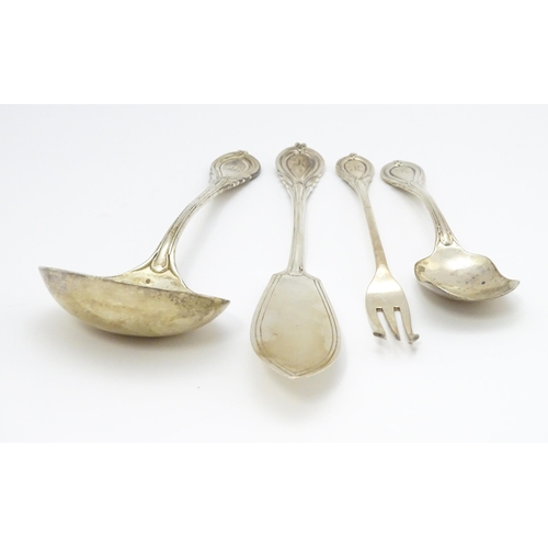 477 - A quantity of assorted Victorian silver Lily pattern items to include a sauce ladle, pickle fork, bu... 