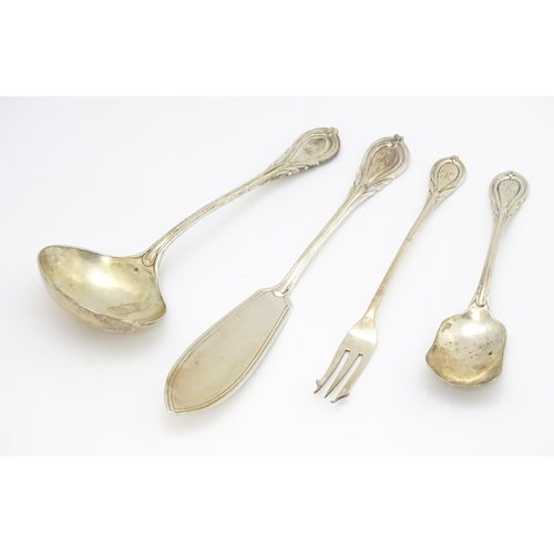 477 - A quantity of assorted Victorian silver Lily pattern items to include a sauce ladle, pickle fork, bu... 