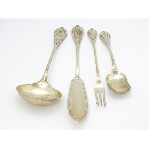 477 - A quantity of assorted Victorian silver Lily pattern items to include a sauce ladle, pickle fork, bu... 