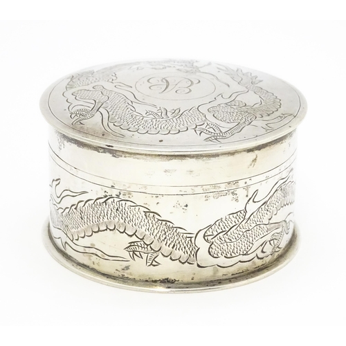 508 - An Oriental white metal pot and cover decorated with dragon detail  in the Chinese Export Silver sty... 