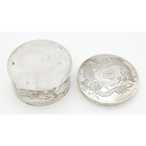 508 - An Oriental white metal pot and cover decorated with dragon detail  in the Chinese Export Silver sty... 