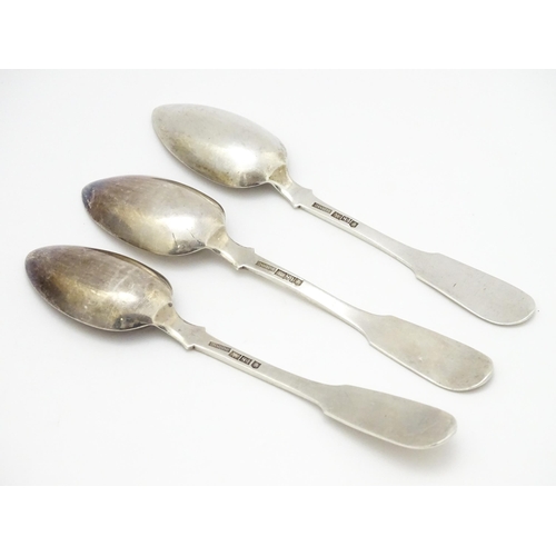 568 - Three 19thC Russian silver spoons, stamped ENNOEHR. Approx. 7 1/2