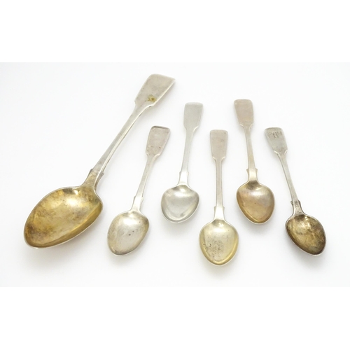 573 - Five assorted 19thC silver Fiddle pattern teaspoons. Together with a table spoon hallmarked London 1... 