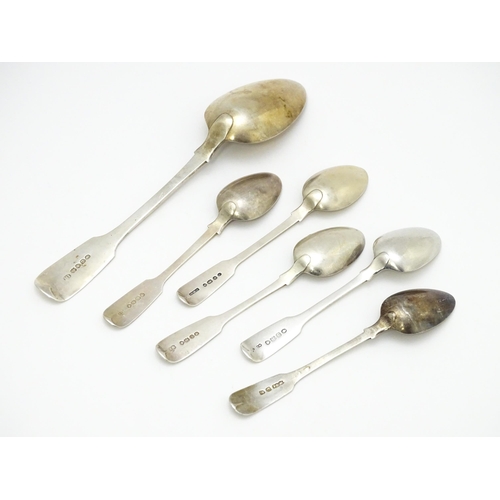 573 - Five assorted 19thC silver Fiddle pattern teaspoons. Together with a table spoon hallmarked London 1... 