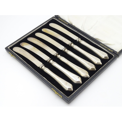 623 - A cased set of six silver handled tea / butter knives, hallmarked Sheffield 1920, maker John Sanders... 