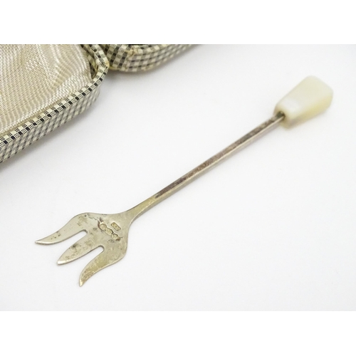 647 - A cased set of six silver sweetmeat forks with mother of pearl finials, hallmarked Sheffield 1938, m... 