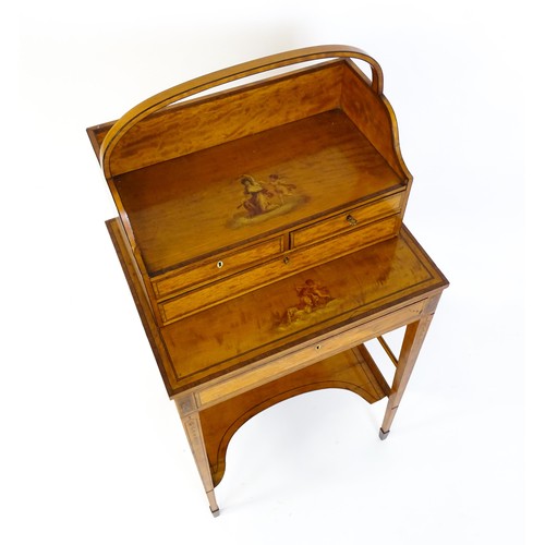 1658 - A 19thC satinwood Bonheur du jour, the removeable top having an arched carrying handle and three sma... 