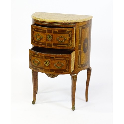 1661 - A late 18thC kingwood cabinet of demi lune form with a marble top above two short drawers, the struc... 