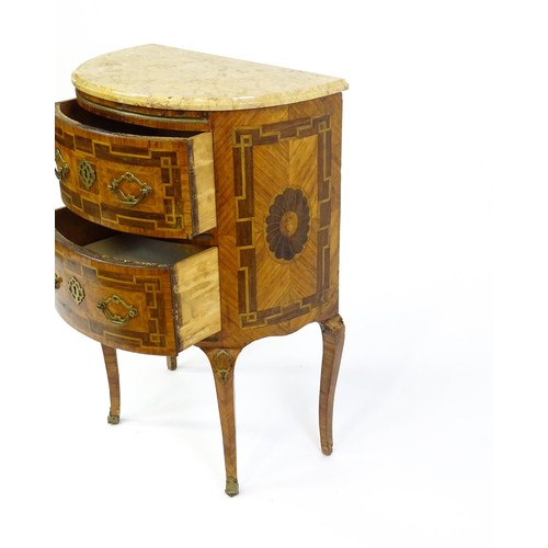 1661 - A late 18thC kingwood cabinet of demi lune form with a marble top above two short drawers, the struc... 