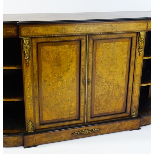 1668 - A 19thC burr walnut credenza, with an ebonised finish to the top edge and to the stepped base. The b... 