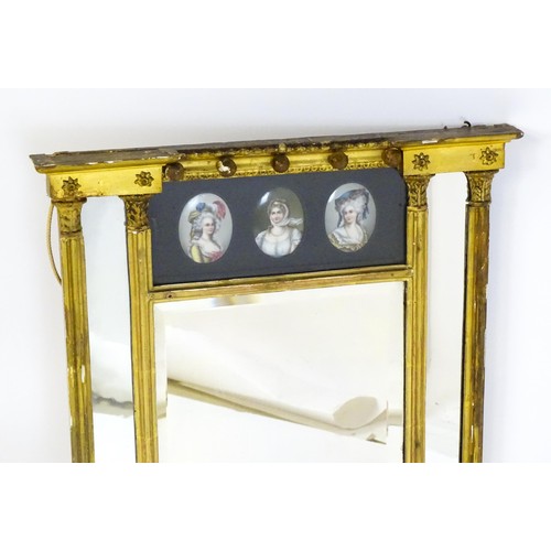 1723 - A Regency period pier mirror with a moulded cornice above applied bauble decoration and three painte... 