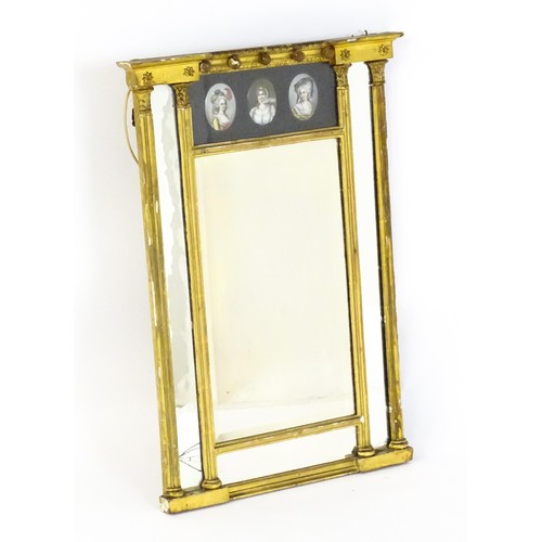 1723 - A Regency period pier mirror with a moulded cornice above applied bauble decoration and three painte... 