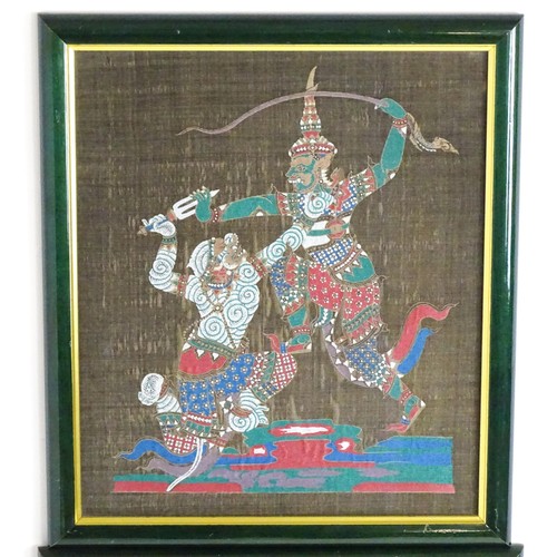 2034 - 20th century, Asian / Burmese / Thai School, Watercolours on fabric, A pair of warrior scenes. Appro... 