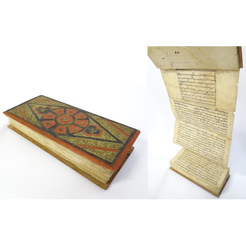 2163 - Book: A Burmese / Shan folding book / manuscript (pap top) with lacquered wooden boards decorated wi... 