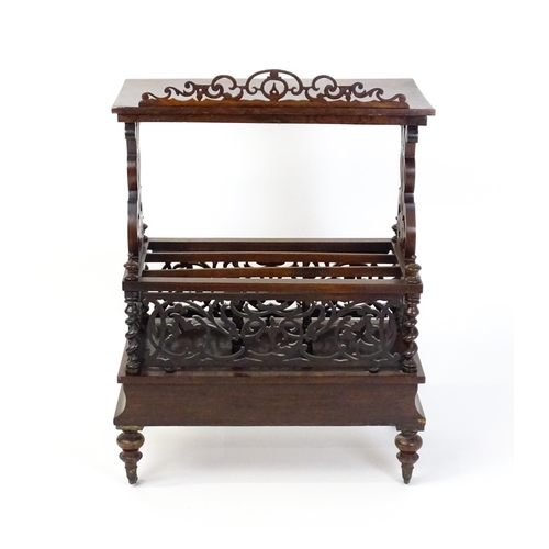 1527 - An early / mid 19thC rosewood Canterbury with a rectangular figured top above lyre shaped supports a... 