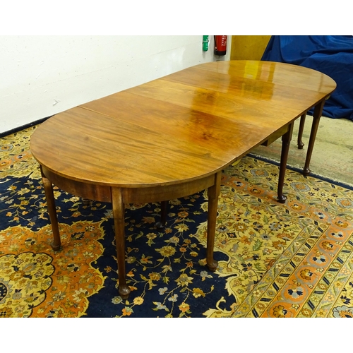 1531 - A 19thC mahogany D - end dining table comprised of two demi lune tables and a drop flap table raised... 