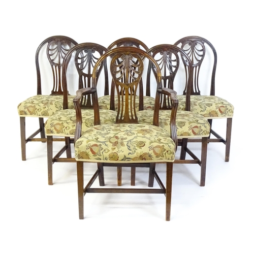 1534 - A set of six (5+1) 19thC Hepplewhite dining chairs with carved and fanned anthemion back splats swep... 