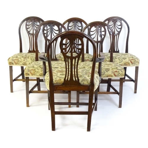 1534 - A set of six (5+1) 19thC Hepplewhite dining chairs with carved and fanned anthemion back splats swep... 