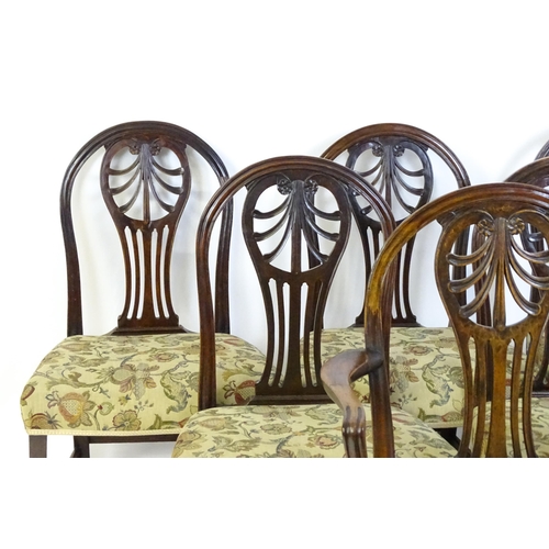 1534 - A set of six (5+1) 19thC Hepplewhite dining chairs with carved and fanned anthemion back splats swep... 