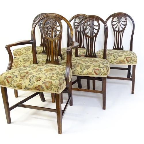 1534 - A set of six (5+1) 19thC Hepplewhite dining chairs with carved and fanned anthemion back splats swep... 