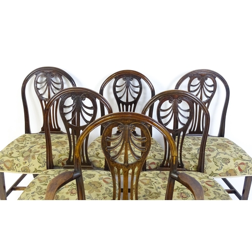 1534 - A set of six (5+1) 19thC Hepplewhite dining chairs with carved and fanned anthemion back splats swep... 