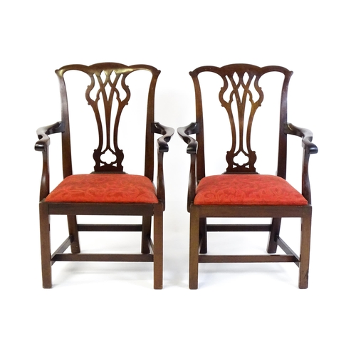 1567 - A pair of Chippendale style mahogany elbow chairs with a drop in seat raised on chamfered legs unite... 