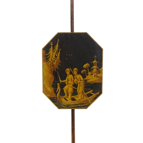 1578 - A 19thC pole screen with a chinoiserie japanned octagonal screen depicting figures within a boat. 58... 