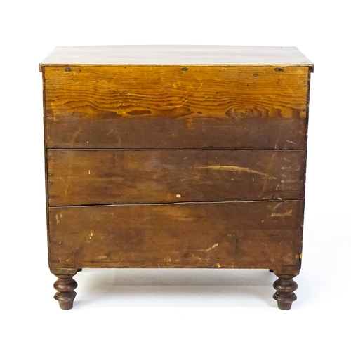 1594 - A late 18thC / early 19thC mahogany bow fronted chest of drawers comprising three long drawers raise... 