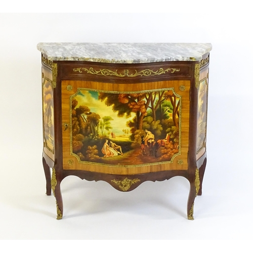 1600 - A mid / late 20thC French marble topped cabinet with a single long frieze drawer above painted scene... 