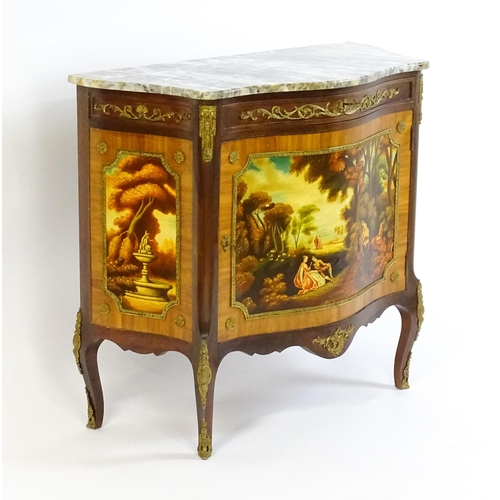 1600 - A mid / late 20thC French marble topped cabinet with a single long frieze drawer above painted scene... 