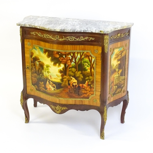 1600 - A mid / late 20thC French marble topped cabinet with a single long frieze drawer above painted scene... 