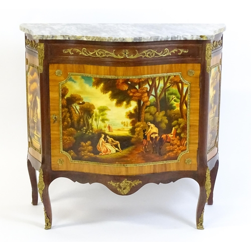 1600 - A mid / late 20thC French marble topped cabinet with a single long frieze drawer above painted scene... 