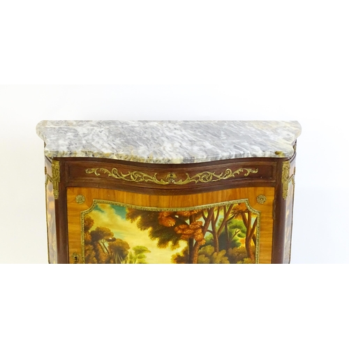 1600 - A mid / late 20thC French marble topped cabinet with a single long frieze drawer above painted scene... 